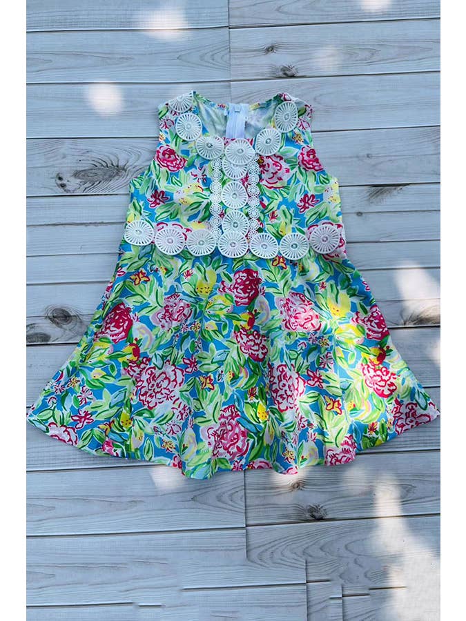 luluclothes - Wholesale Dress - Kids - Girls dress Floral prints & white lace trim DLH2877