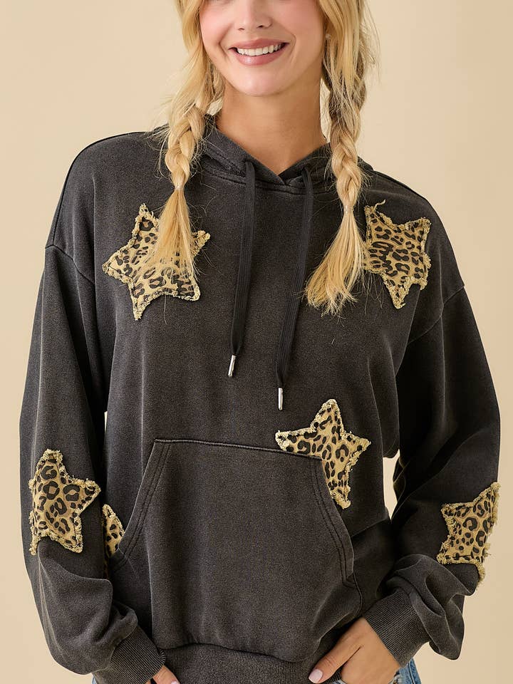 Mineral Wash Hoodie With Denim Star Patch for wholesale by Main Strip