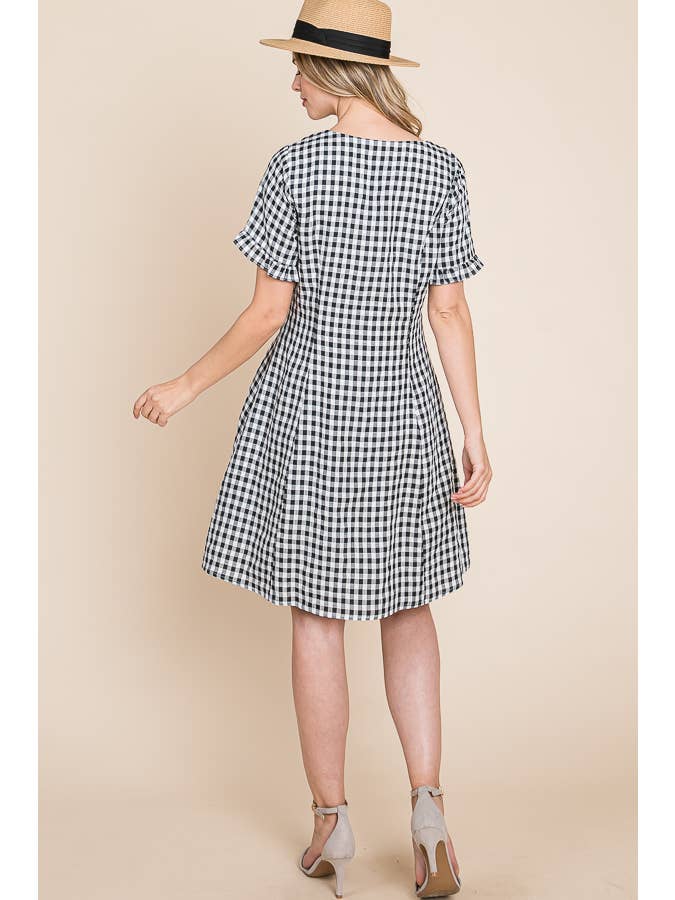 BLACK WHITE Gingham V-Neck Short Sleeve Button Down Dress for wholesale on Faire