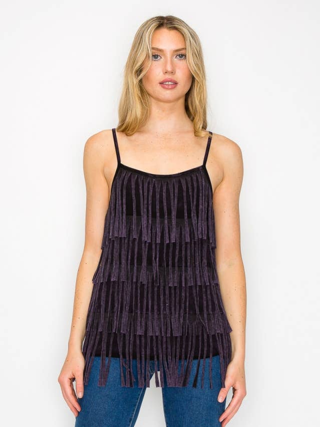 Haut sans manches à bretelles spaghetti à franges et délavage minéral pour la vente par T-Party