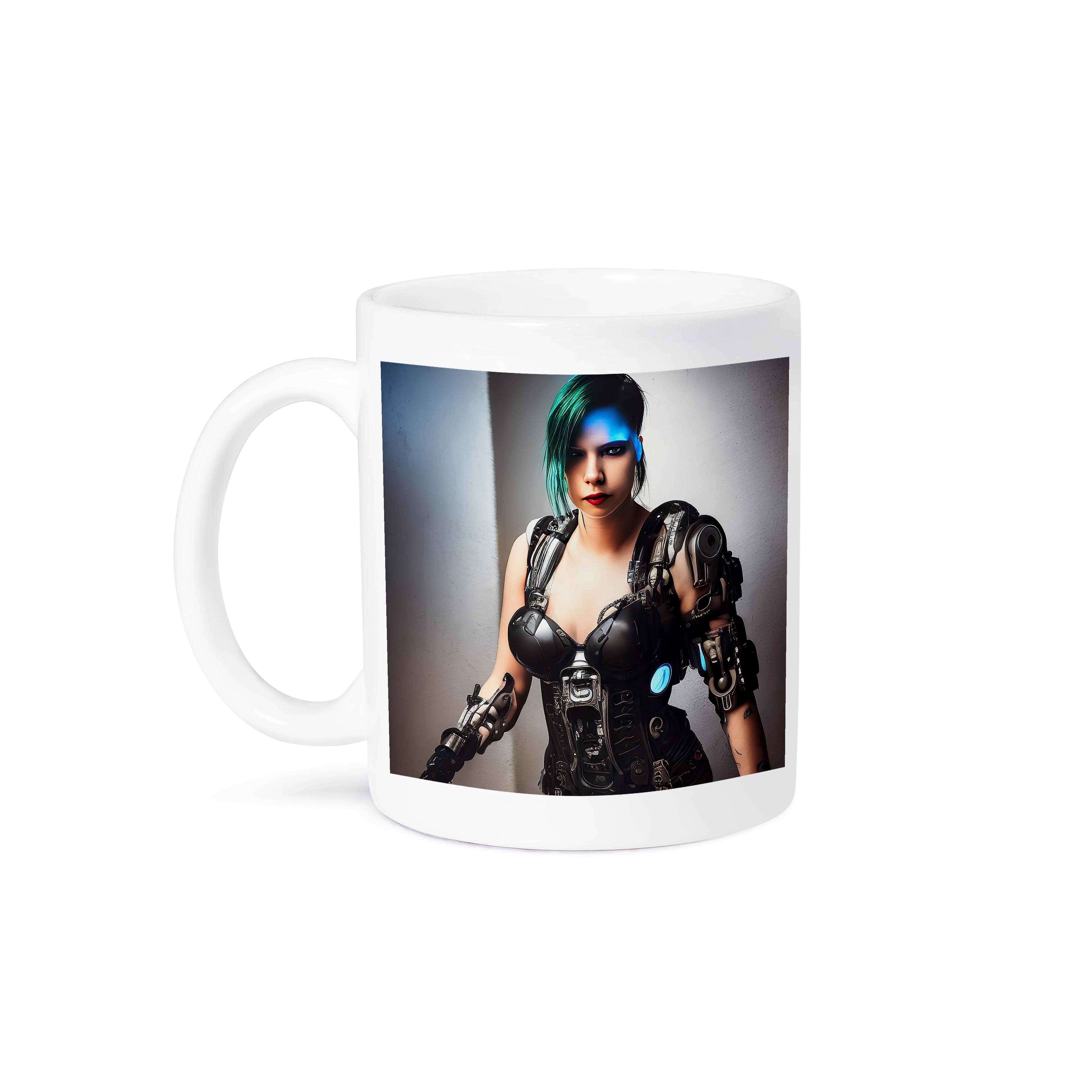 3dRose – Großhandel Kaffeebecher – 3dRose, Schöne Frau Cyberpunk-Cyborg. Ledersuit, blaue Beleuchtung, Tasse8