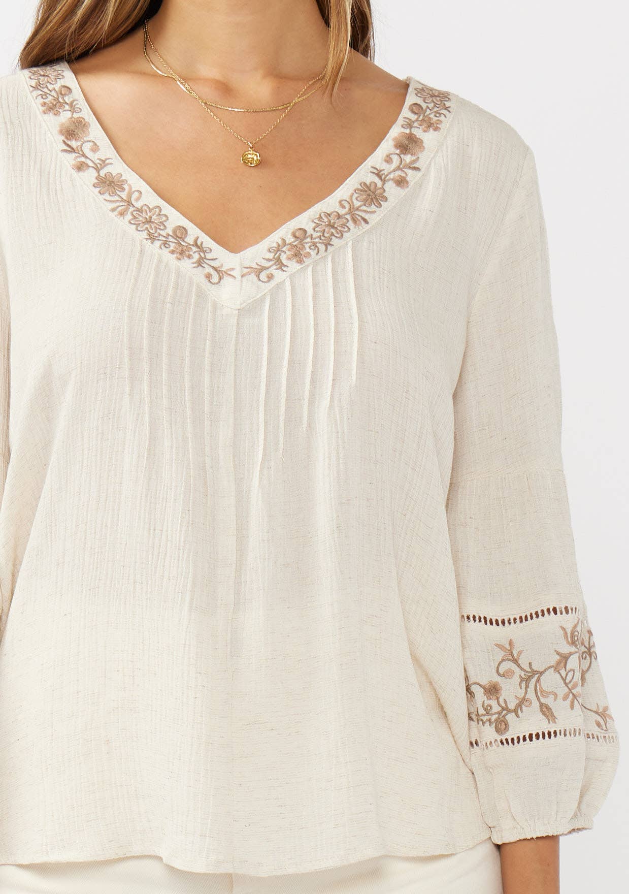 Natural Brown 3/4 Sleeve V-Neck Top with Embroidery for wholesale on Faire3