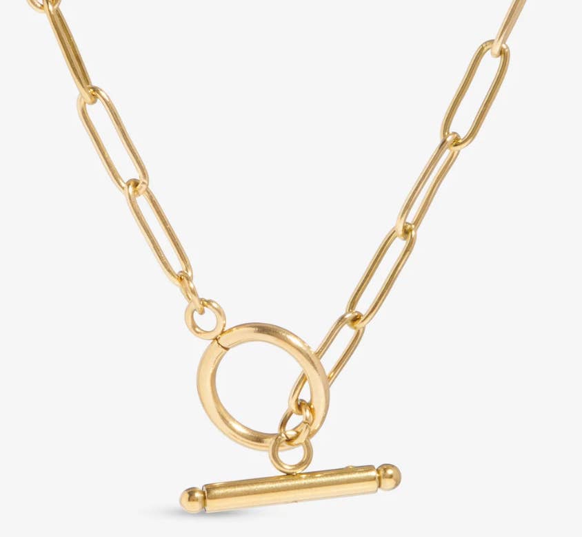 HoopLa - Wholesale Link & Chain Necklace - Oval PaperclipToggle Necklace- Steel 14K Waterproof 18"