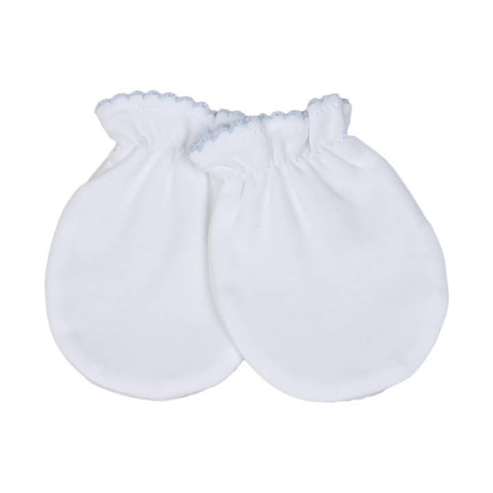 WBP-021 Moufles Blanches Bordure Picot Bleue. pour la vente par Baby Loren