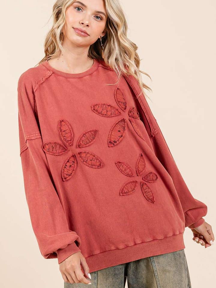 mittoshop - Wholesale Sweatshirt - Women's - VINTAGE TEXTILE FLOWER PATCH MINERAL WASH PULLOVER
