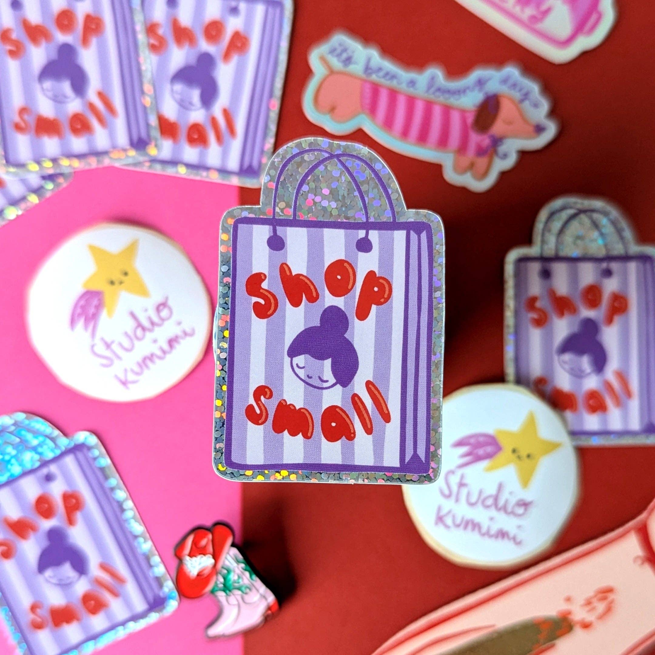 Studio Kumimi - Vendita all'ingrosso Adesivo - Adesivo Shop Small in vinile resistente e impermeabile con finitura glitter