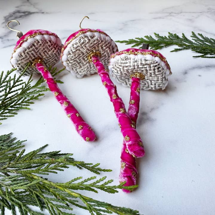 Ophilya Handmade - Vendita all'ingrosso Decorazione - Ornamento a forma di fungo con glitter - Velluto rosa acceso3