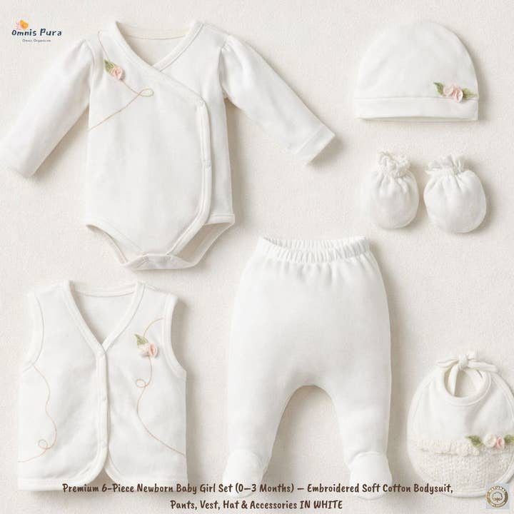 Ensemble premium 6 pièces pour bébé fille (0–3 mois) pour la vente par Omnis Pura