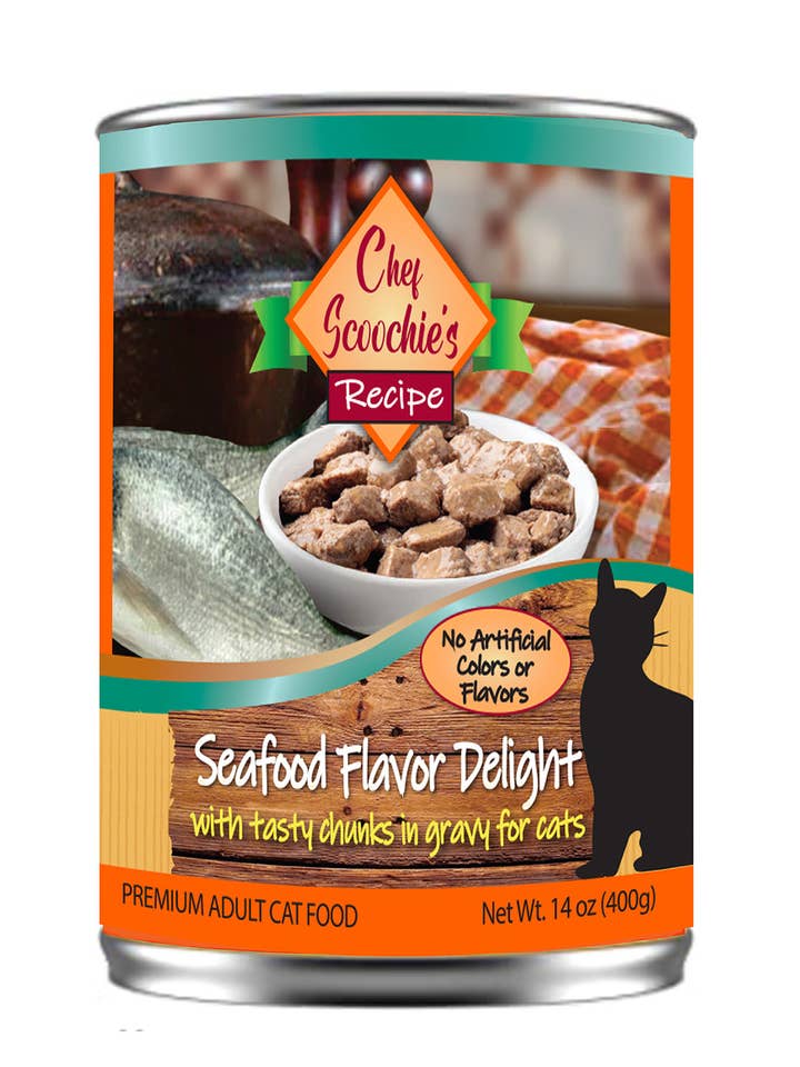 Chef Scoochies Seafood Chunky Cat Food 14 Ounce Pop Top Can for wholesale by Scoochie Pet Products