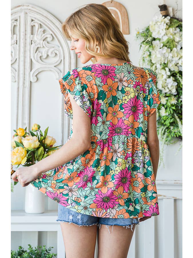 7th Ray - Vendita all'ingrosso Camicetta - Donna - Top a maniche svolazzanti con stampa floreale multicolore Baby Doll T51651