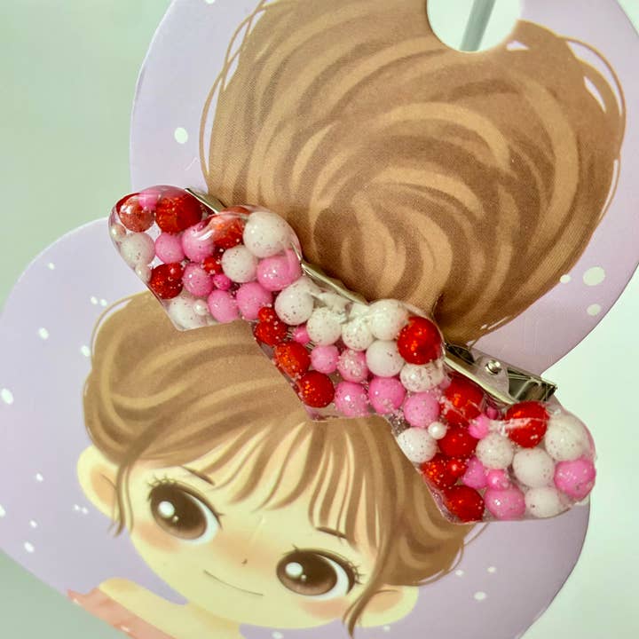 Pink, Red, and White Pearl Sprinkles Hearts Hair Clip for wholesale by GRL PWR Jewelry