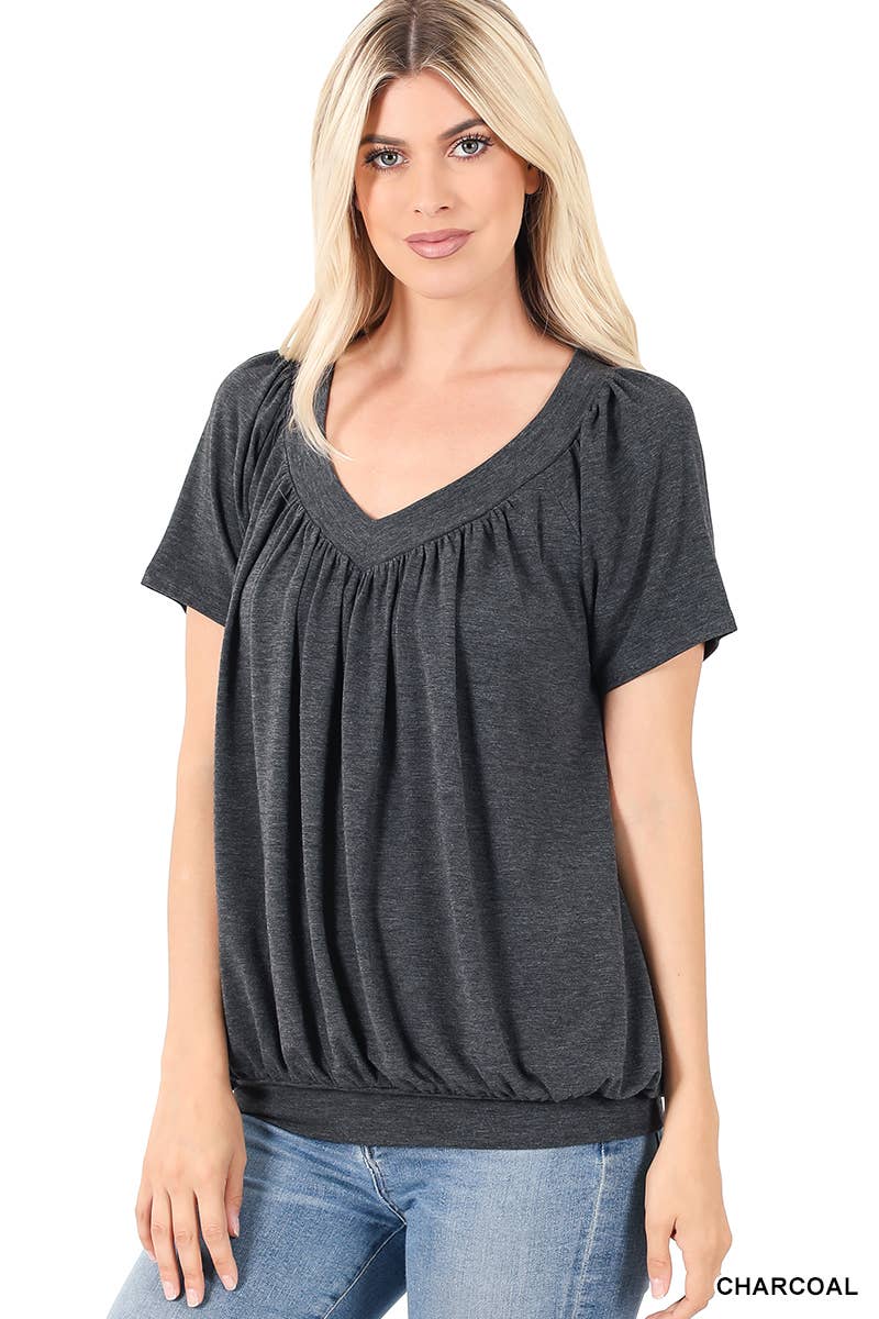 42POPS - Wholesale Blouse - Women's - ",.SHIRRED V-NECK SHORT SLEEVE TOP20