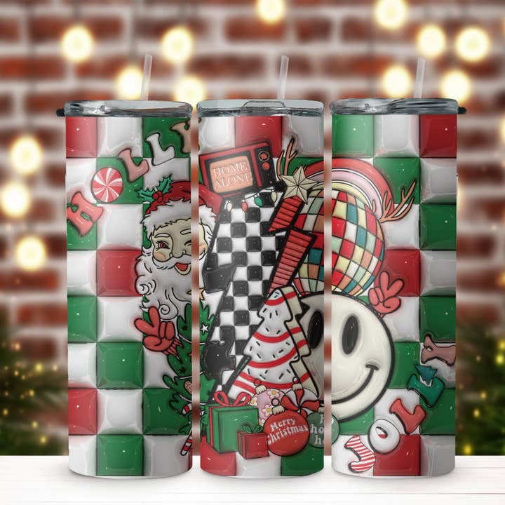 Holly Checkered Retro Santa Tumbler for wholesale by Wicked Flower Creations