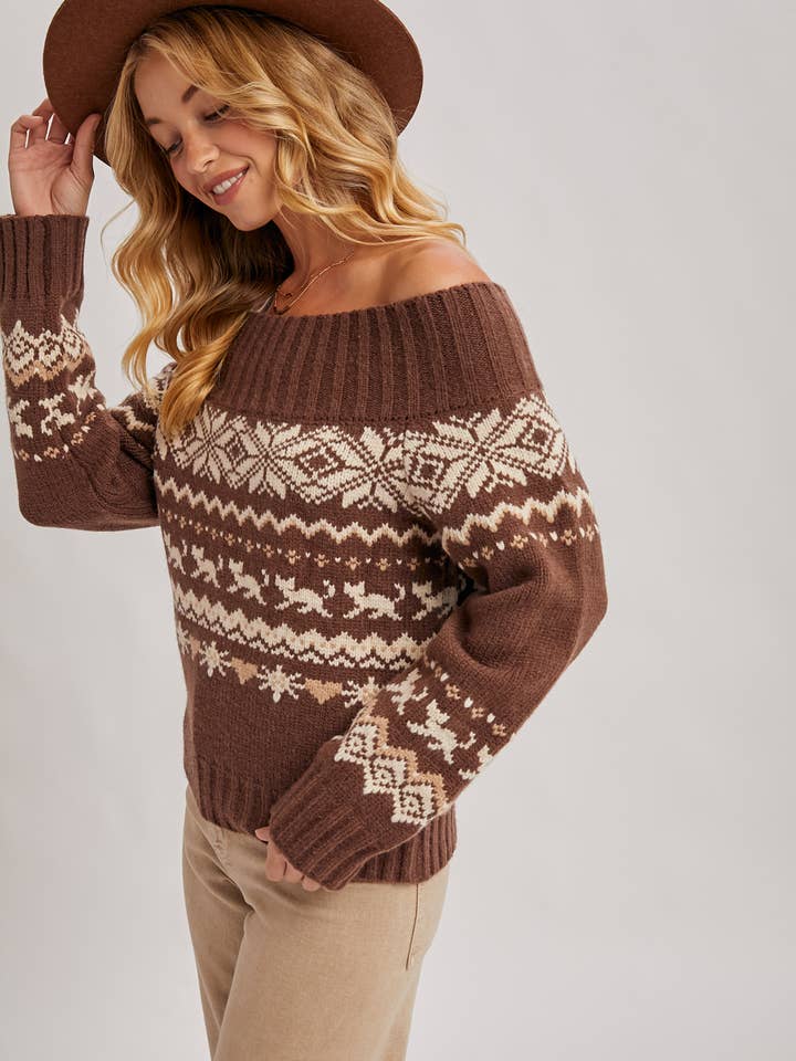 Bluivy - Wholesale Knit Sweater - Women's - FAIR ISLE OFF SHOULDER KNIT SWEATER - HOLIDAY3