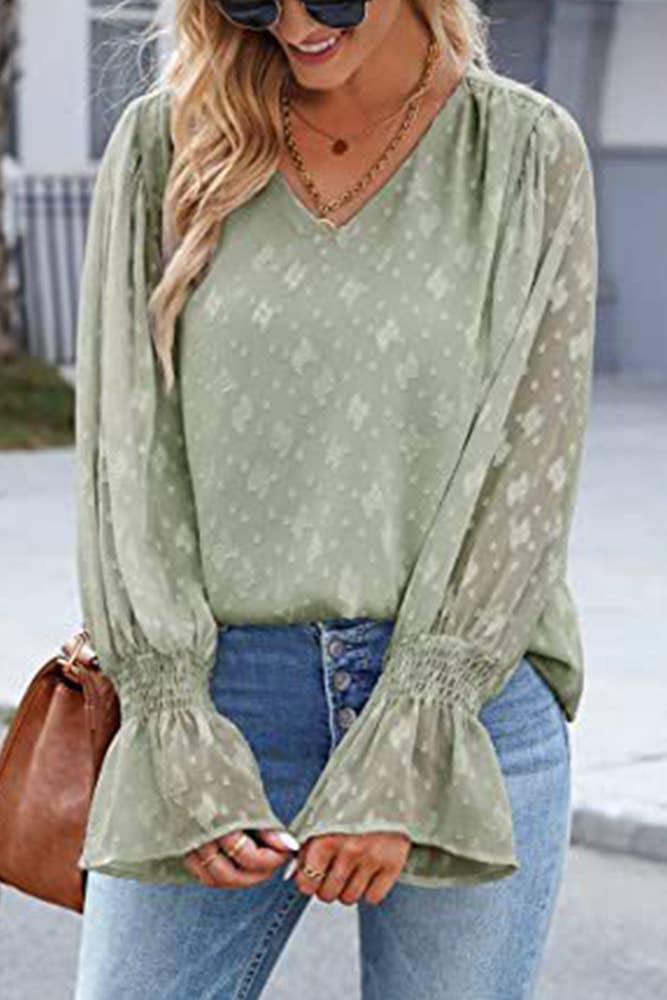 UNISHE - Wholesale Blouse - Women's - V Neck Lace Sheer Flare Sleeves Blouse AXR0059
