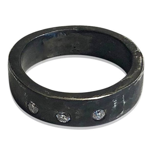 R2 - Three Diamond Sterling Silver Oxidized Wide-Band Ring for wholesale by alison blair studio