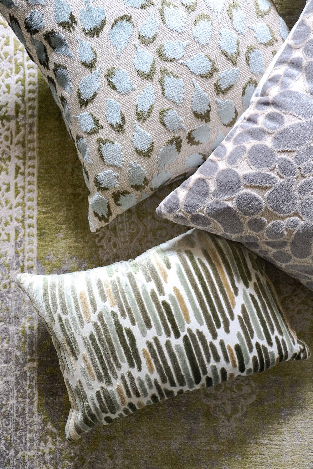 Lottie Mineral -Aqua & Green Spotted Cut Velvet Throw Pillow for wholesale on Faire7