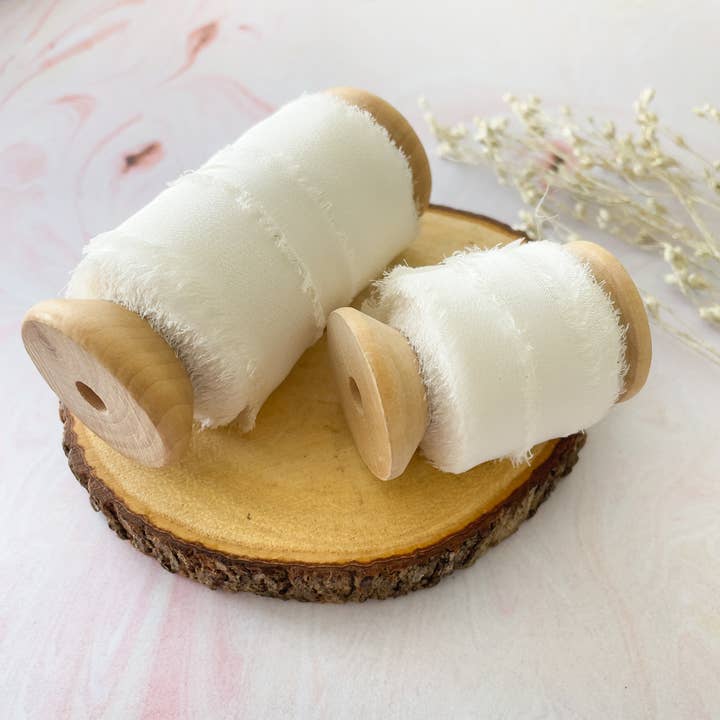 The Natural Paper Company - Wholesale Ribbon – Gift wrapping - White Silk Ribbon | Raw Edge Silk Ribbon on a Wooden Reel6