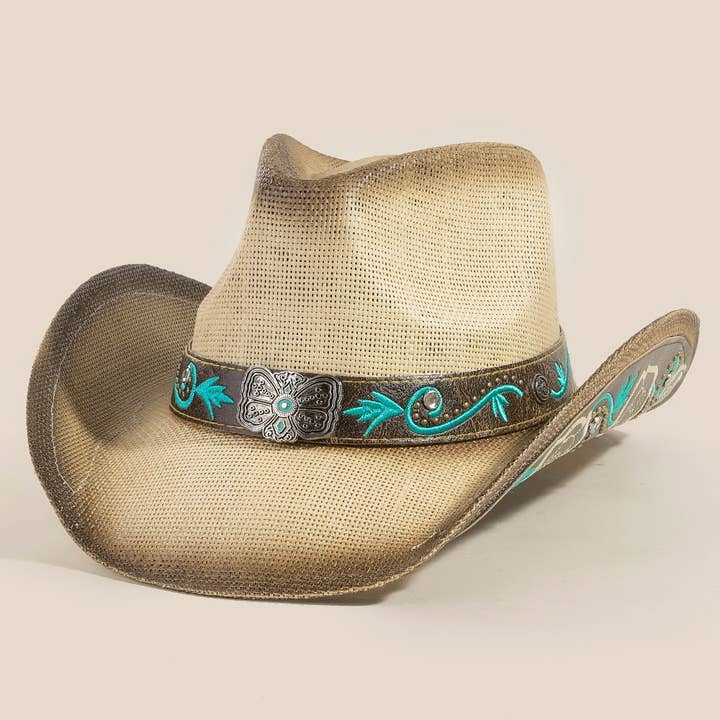 Chapeau de cowboy en paille avec détail concho papillon occidental pour la vente par Anarchy Street
