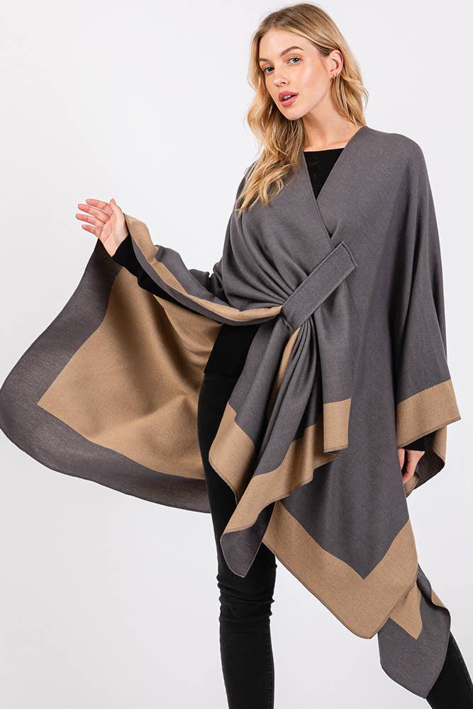 Hana - Wholesale Cardigan - Women's - Two Tone Pull Through Shawl Ruana Winter Cardigan6