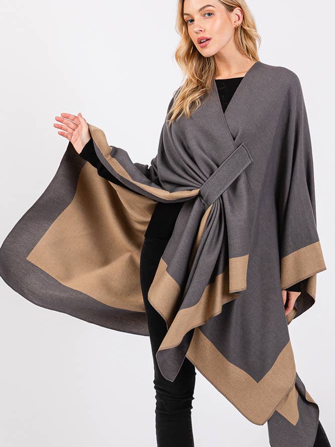 Hana - Wholesale Cardigan - Women's - Two Tone Pull Through Shawl Ruana Winter Cardigan6