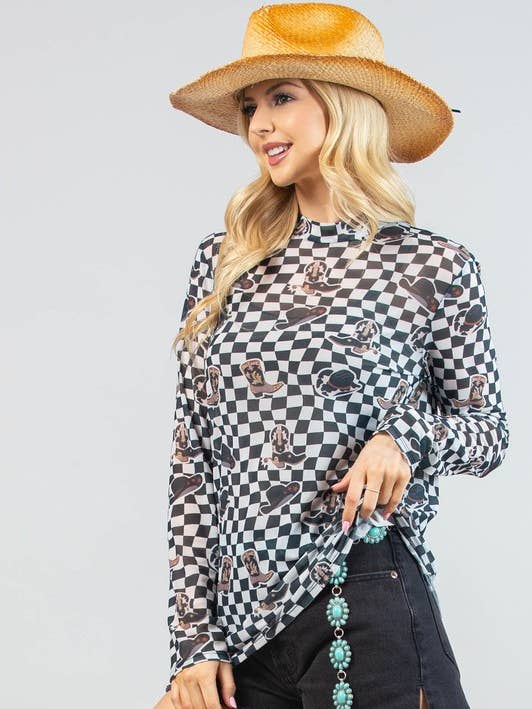 AV1230-HAUT EN MAILLE À CARREAUX À IMPRIMÉ WESTERN VALERIE pour la vente par Avery