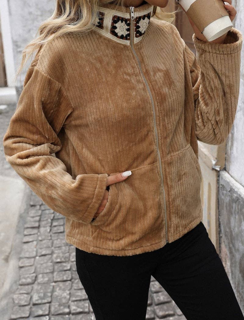 KHAKI Zip-Up Plush Jacket with Pockets for wholesale on Faire3