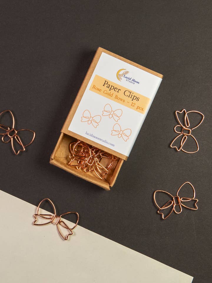 Rosaguld Sløjfer Boksede Papirclips - Sæt med 12 for engroshandel hos Lucid Moon Studio, LLC
