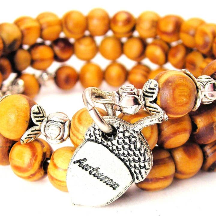 Autumn Acorn Natural Wood Wrap Bracelet Fall Harvest Seasons for wholesale by Chubby Chico Charms