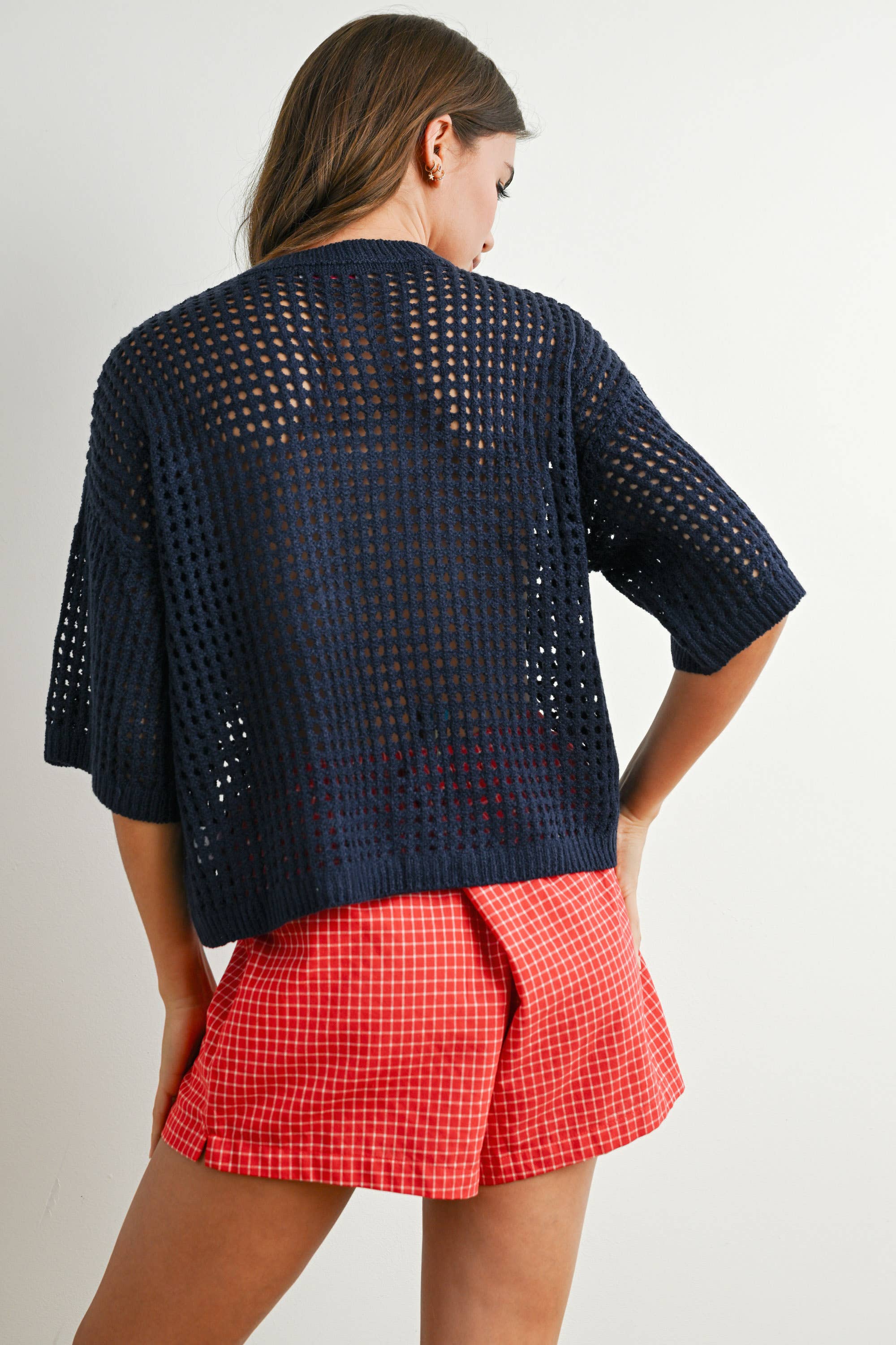 BUTTERMELON - Wholesale Knit Top - Women's - Flag Print Open Knit Crochet Sweater Top - BMW77358