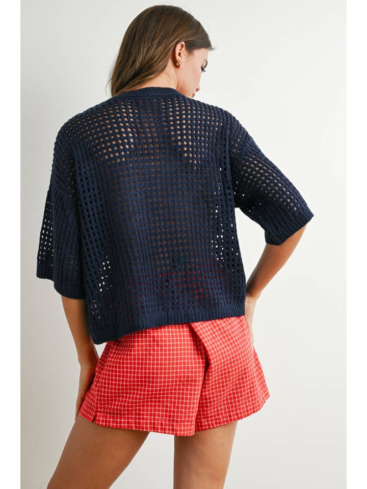 BUTTERMELON - Wholesale Knit Top - Women's - Flag Print Open Knit Crochet Sweater Top - BMW77358