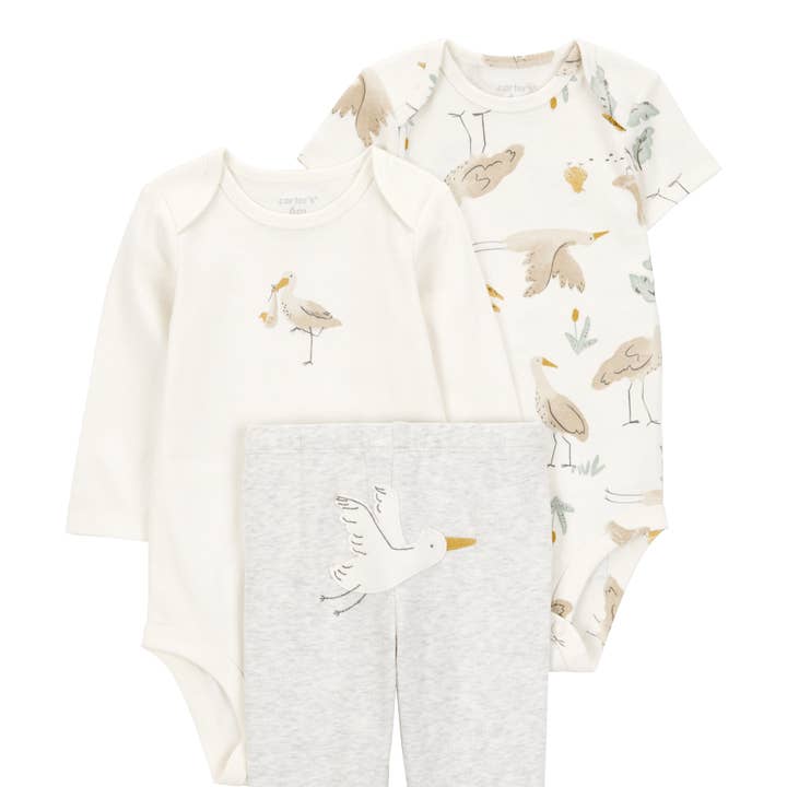 Three-piece set cotton pants and two bodysuits bird design for wholesale by Nenina & Co