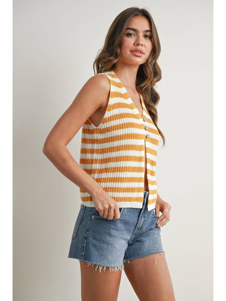 BUTTERMELON - Wholesale Sweater Vest - Women's - Striped Button-Front Sweater Vest - BMW773312