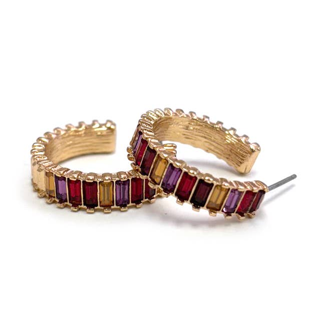 GOLD RED Baguette Stone Bead Tonal Color Hoop Post Earrings for wholesale on Faire0