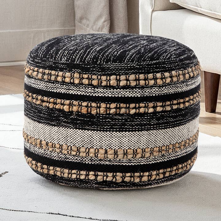 Modern Boho Striped Jute Pouf Ottoman for wholesale by LR Home