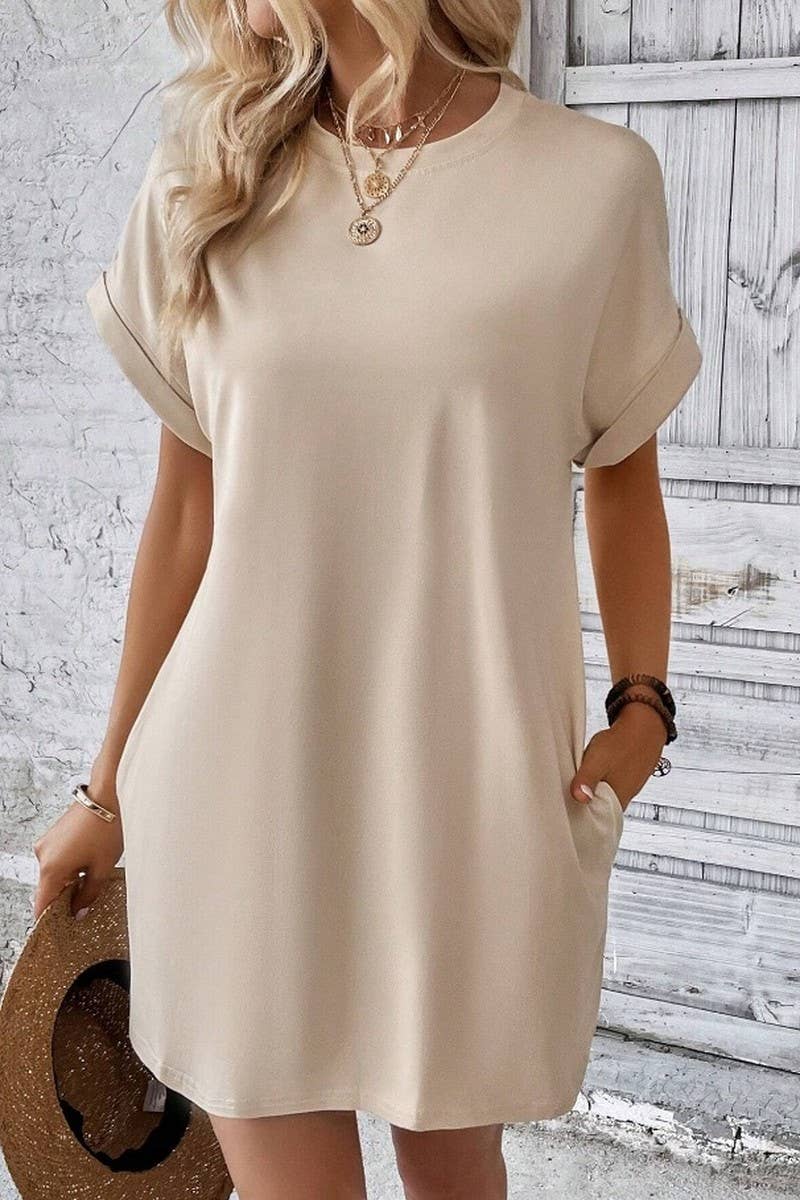 NINEXIS - Vente Robe – femme - CWDSD3628_ROBE COURTE À COL ROND ET POCHES AMPLES DE COULEUR UNIE16