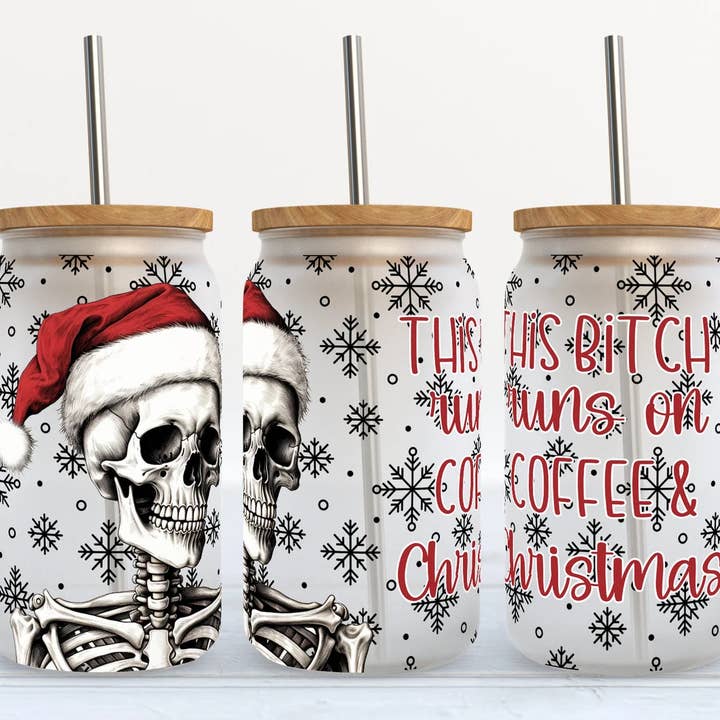 This Bitch Runs On Coffee And Christmas 16oz Frosted Libbey for wholesale by Kate Haven Glass Tumblers for Every Occasion