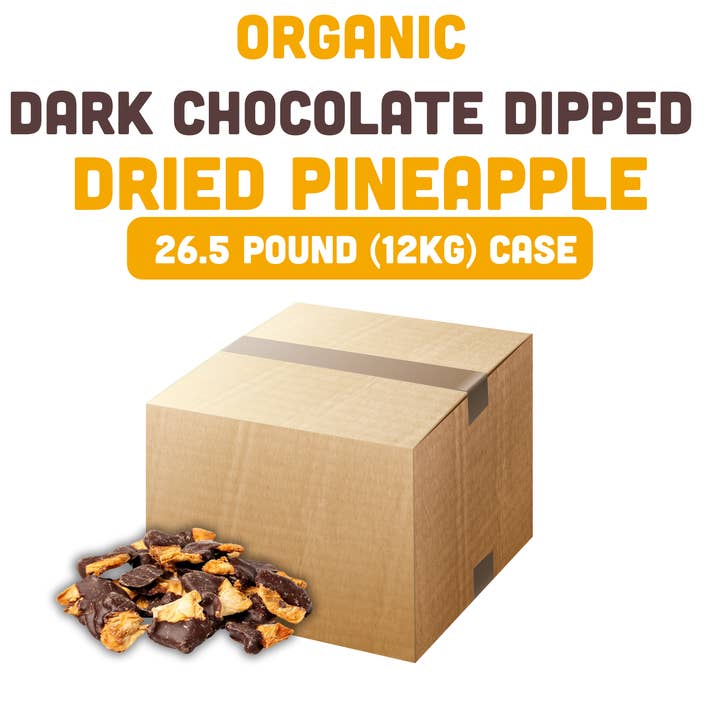 Organic Dark Chocolate Dipped Dried Pineapple, 26.5 LB bulk for wholesale by Mavuno Harvest Organics