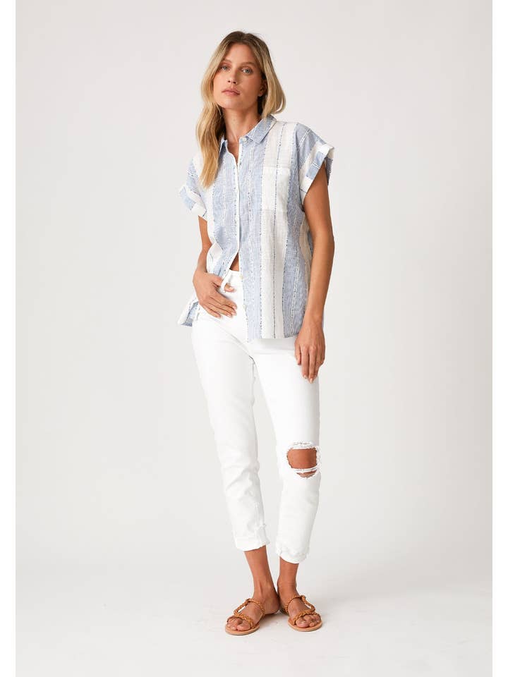 White Blue Stripe Button Down Short Sleeve Collared Blouse for wholesale on Faire