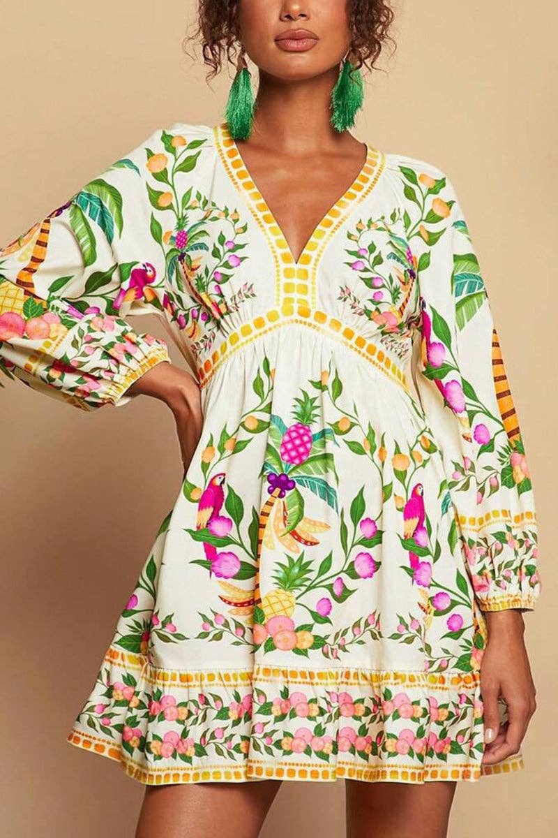 GREEN Tropical Print V-Neck Casual Dress for wholesale on Faire0