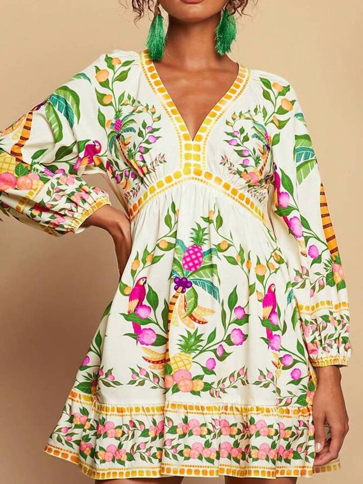 GREEN Tropical Print V-Neck Casual Dress for wholesale on Faire
