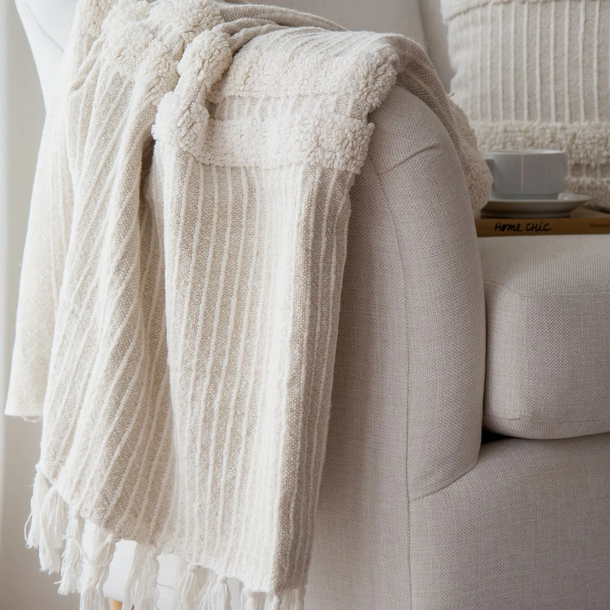 Tajik  Home  LLC - Wholesale Throw Blanket - Blake Oat Textured Striped Throw || 100% Cotton || 50x602