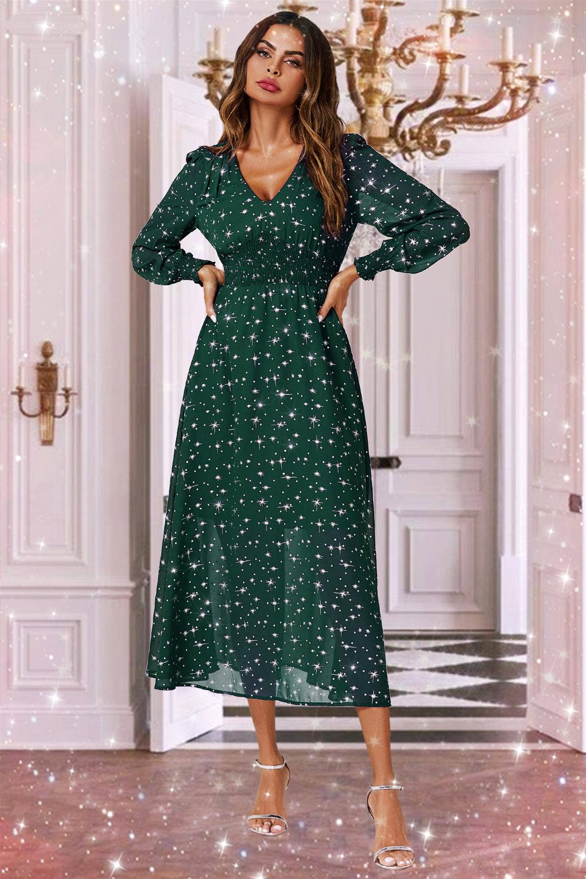 Silver Star Foil Long Sleeve Maxi Dress In Green for wholesale on Faire2