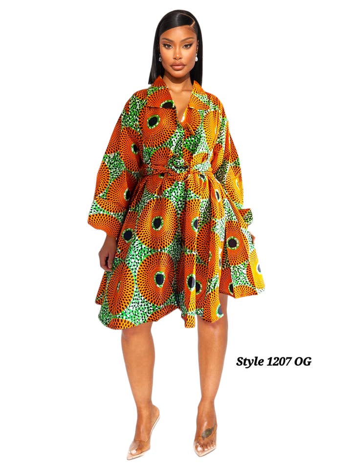 1207- Kurzes Baumwollkleid/Bluse- Orange/Grün für den Großhandel von India Batik