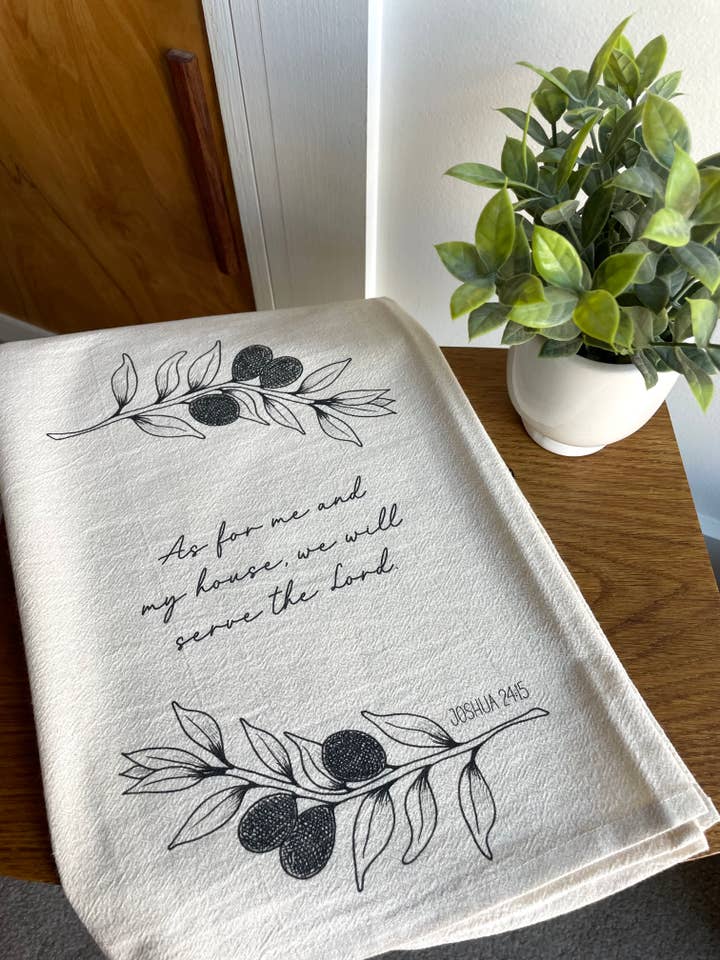 Aquarell Mehlsack Geschirrtuch (Beige) Wir werden dem Herrn dienen für den Großhandel von Kristin Schmidt Artist