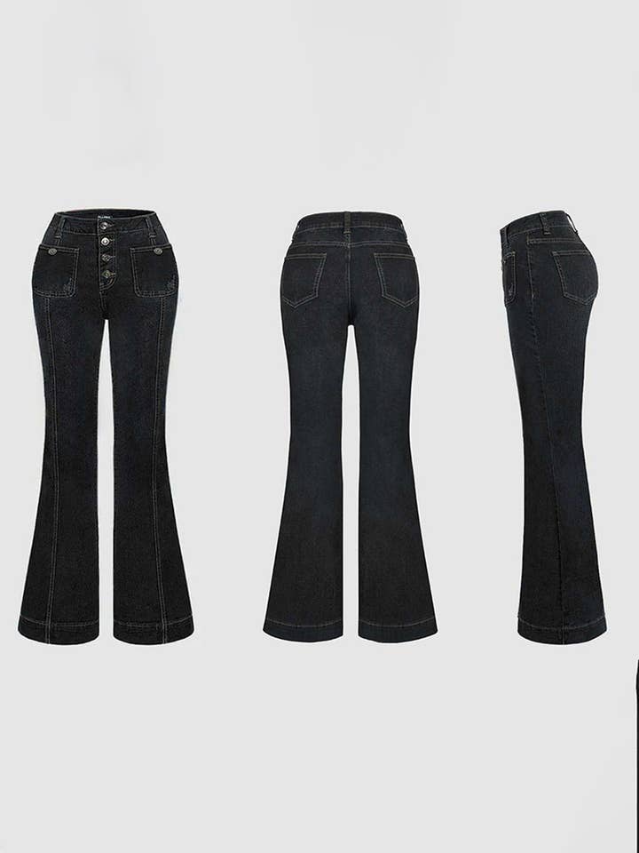 DOUBLJU - Wholesale Jeans - Women's - Retro High-Waisted Washed Jeans Flared Pants with Stretch3