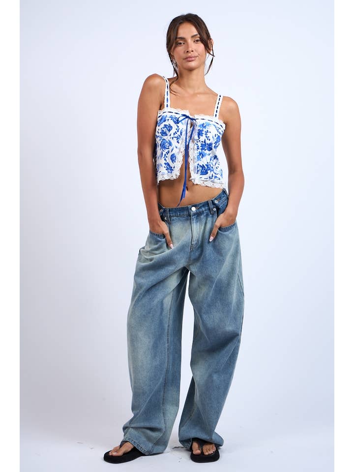 NAVY FLORAL FRONT HOOK&EYES CAMI CROP TOP for wholesale on Faire