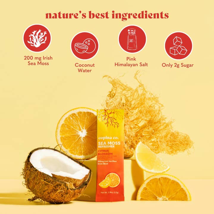 Copina Co. - Vente Préparation pour boisson - Boisson rafraîchissante Citrus Blossom Sea Moss - Paquet de 8 bâtonnets et carton3
