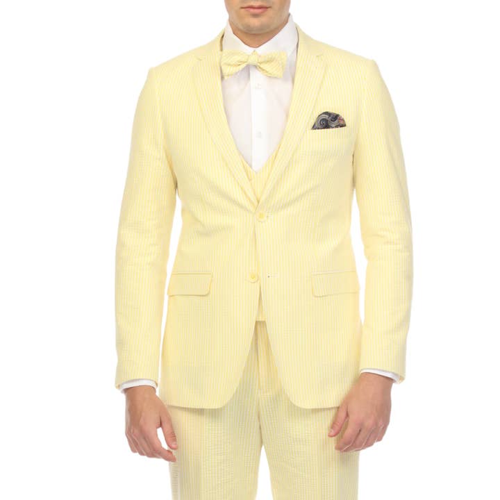 Traje de hombre ajustado de dos botones en seersucker amarillo para venta al por mayor de Ferrecci