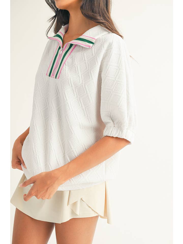 Little Daisy Closet - Wholesale Blouse - Women's - LDC Colorblock Zipper Collar Puff Sleeve Textured Blouse